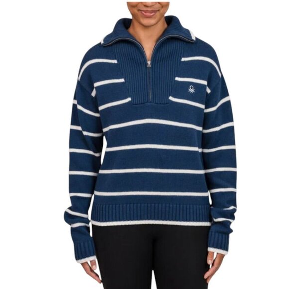 NWOT United Colors of Benetton 1/4 Zip Sweater | Navy - Picture 2 of 8